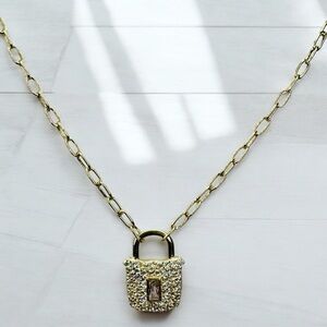 18K Gold & Sterling Silver Lock Necklace With Pave Crystals